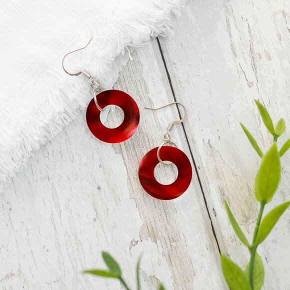 Recycled World War II Ruby Beer Bottle Glass Hoop Earrings - Picture 2 of 6